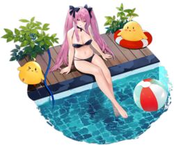  azur_lane ball bare_arms bare_shoulders barefoot beachball bikini bird black_bikini breasts chick choker cleavage female frilled_bikini frills halterneck hose la_galissonniere_(azur_lane) la_galissonniere_(pristine_piscene)_(azur_lane) long_hair looking_at_viewer manjuu_(azur_lane) multi-strapped_bikini navel official_alternate_costume official_art open_mouth pink_eyes pink_hair plant pool poolside sitting smile solo stomach suisai_(suisao) swimsuit thighs transparent_background twintails very_long_hair water 