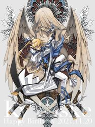  1boy absurdres angel_wings belt blonde_hair blue_eyes character_name dated dong_hole full_body grey_background guilty_gear guilty_gear_xrd hair_between_eyes happy_birthday highres holding holding_weapon ky_kiske long_hair magnolia_eclair_ii male_focus multiple_belts multiple_weapons ponytail pose solo statue sword weapon wings 