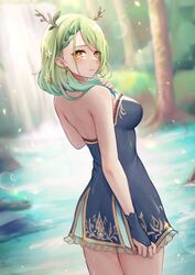  antlers aonikuro armpit_peek bare_arms bare_back bare_shoulders blush branch breasts ceres_fauna ceres_fauna_(1st_costume) clothes_pull dress earrings female forest grass green_hair highres hololive hololive_english horns jewelry leaf looking_at_viewer looking_back medium_breasts medium_hair mole nature outdoors shoulder_blades skirt skirt_pull solo standing sunlight thighs tree virtual_youtuber water waterfall 