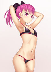  absurdres bare_shoulders bikini black_bikini black_bow blush bow breasts fate/grand_order fate_(series) female hairbow helena_blavatsky_(fate) helena_blavatsky_(swimsuit_archer)_(fate) helena_blavatsky_(swimsuit_archer)_(third_ascension)_(fate) highres looking_at_viewer navel petite purple_eyes purple_hair short_hair small_breasts solo swimsuit yamachi_(xadp7533) 