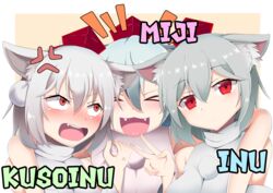  &gt;_&lt; 3girls anger_vein animal_ear_fluff animal_ears beige_background blush border character_name closed_mouth commentary_request cookie_(touhou) fangs grabbing group_hug hair_between_eyes hat highres hug inu_(cookie) inubashiri_momiji kuso_inu_(cookie) looking_at_another looking_at_viewer multiple_girls nose_blush notice_lines open_mouth ori_nazuha pom_pom_(clothes) red_eyes red_headwear shirt short_hair simple_background sleeveless sleeveless_shirt tokin_hat touhou turtleneck upper_body web_(cookie) white_border white_hair white_shirt wolf_ears 