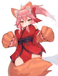  animal_ear_fluff animal_ears animal_hands bow breasts brown_eyes brown_gloves detached_sleeves fate/grand_order fate_(series) female floating_hair fox_ears fox_girl fox_tail gloves hair_between_eyes hairbow high_ponytail highres japanese_clothes kimono large_breasts long_hair long_sleeves looking_at_viewer obi parted_lips paw_gloves pink_hair ponytail red_bow red_kimono red_sleeves sash sidelocks simple_background solo tail tamamo_(fate) tamamo_cat_(fate) tamamo_cat_(first_ascension)_(fate) tota_(sizukurubiks) v-shaped_eyebrows white_background wide_sleeves 