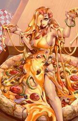  bell_pepper bell_pepper_slice breasts cheese collaboration commentary dress earrings english_commentary exodamartworks female food green_pepper half_updo highres holding holding_food holding_pizza jewelry large_breasts long_hair mushroom niandni olive onion original pepperoni personification pizza pizza_box sideboob solo tongue tongue_out yellow_eyes 