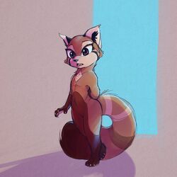  1:1 2020 ailurid anthro brown_body brown_fur ear_tuft featureless_crotch female fur hi_res mammal nude red_panda ribbontini ribbontini_(character) shadow simple_background solo tuft 