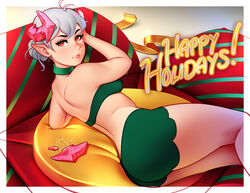  bad_id bad_twitter_id bare_shoulders borrowed_character cinder_(norasuko) commentary demon_girl demon_horns english_commentary english_text feet_out_of_frame female gift_art grey_hair hair_bun happy_holidays horns looking_at_viewer lying on_side original pillow pink_horns red_eyes ribbon single_hair_bun solo tsuaii yellow_ribbon 