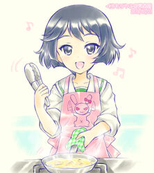  :d apron artist_name black_eyes black_hair bob_cut collarbone commentary cooking dated female food frying_pan girls_und_panzer holding holding_frying_pan holding_tongs kuromori_yako looking_at_viewer motion_lines musical_note ooarai_school_uniform open_mouth oven_mitts pink_apron rabbit_team sailor_collar school_uniform serafuku shirt short_hair smile solo steam stove tongs translated upper_body utsugi_yuuki white_background white_shirt 