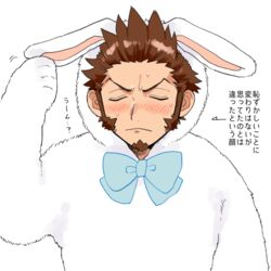  1boy animal_ears animal_hood blue_bow blue_bowtie blush bow bowtie brown_hair closed_eyes closed_mouth ears_down facial_hair fake_animal_ears fate/grand_order fate_(series) goatee gradient_hair hand_on_own_ear hood hoodie long_sideburns long_sleeves male_focus multicolored_hair napoleon_bonaparte_(fate) rabbit_ears rabbit_hood shitappa short_hair shy sideburns solo sweatdrop translated upper_body white_background 