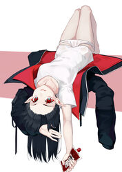  absurdres arknights black_hair black_jacket closure_(arknights) commentary_request female highres jacket lying on_back panties panty_pull pointy_ears red_eyes shirt short_sleeves solo underwear white_background white_panties white_shirt yonghu_20251 