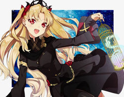  :d arm_at_side armlet birdcage black_dress black_scarf blonde_hair blush bow breasts cage chains commentary dress ereshkigal_(fate) ereshkigal_(third_ascension)_(fate) fate/grand_order fate_(series) female gold gold_chain gold_trim hairbow hitodama holding holding_cage jewelry layered_sleeves long_hair long_sleeves looking_at_viewer medium_breasts night night_sky no_earrings open_mouth outstretched_arm parted_bangs red_bow red_eyes scarf shimi_to_ufu sky sleeves_past_wrists smile solo spirit tiara two-sided_fabric two_side_up very_long_hair wide_sleeves 