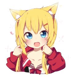  adjusting_hair akai_haato akai_haato_(casual) alternate_hairstyle animal_ears animal_hair_ornament blonde_hair blue_eyes blush bow bowtie cat_ears collarbone commentary_request female hair_ornament hairclip heart highres hololive hood hoodie long_hair oerba_yun_fang official_alternate_costume okota_mikan open_mouth red_bow red_bowtie red_hoodie simple_background smile solo upper_body virtual_youtuber white_background 