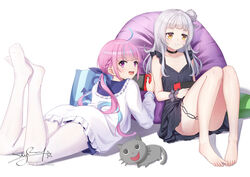  2girls aqua_hair bare_legs barefoot black_capelet black_skirt blue_hair blue_ribbon blunt_bangs braid capelet collarbone drill_hair feet feet_up french_braid grey_hair hair_ribbon hololive knees_apart_feet_together legs long_hair minato_aqua minato_aqua_(sailor) multicolored_hair multiple_girls murasaki_shion murasaki_shion_(1st_costume) neko_(minato_aqua) nintendo_switch no_shoes pantyhose purple_eyes purple_hair ribbon skirt skyrail thighs twin_braids twin_drills twintails two-tone_hair virtual_youtuber white_legwear yellow_eyes 