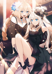  2girls absurdres bare_shoulders black_dress blonde_hair blue_eyes blush braid breasts dress fate/grand_order fate_(series) highres jeanne_d&#039;arc_(fate) jeanne_d&#039;arc_(formal_dress)_(fate) large_breasts long_braid long_hair looking_at_viewer marie_antoinette_(fate) marie_antoinette_(formal_dress)_(fate) medium_breasts multiple_girls no-kan official_alternate_costume open_mouth smile twintails very_long_hair white_hair 