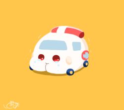  7yas absurdres ambulance ambulance_molcar commentary_request cross crying crying_with_eyes_open greek_cross ground_vehicle guinea_pig highres molcar motor_vehicle no_humans pui_pui_molcar red_eyes sad signature simple_background solo tears trembling wheel yellow_background 