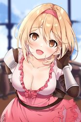  adjusting_hair arm_behind_back arm_up armor armored_dress blonde_hair blurry blurry_background breasts brown_eyes cleavage collarbone commentary djeeta_(granblue_fantasy) dress female fighter_(granblue_fantasy) gauntlets granblue_fantasy hairband large_breasts leaning_forward light_blush omuretsu open_mouth short_hair shoulder_armor standing 