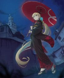  absurdly_long_hair alternate_costume black_kimono blonde_hair building cityscape closed_mouth commission female flower full_body girls&#039;_frontline hair_flower hair_ornament highres holding holding_umbrella japanese_clothes kimono long_hair looking_away oil-paper_umbrella ots-14_(girls&#039;_frontline) ponytail sandals skeb_commission socks solo standing tarutaru_gungun umbrella very_long_hair yellow_eyes 