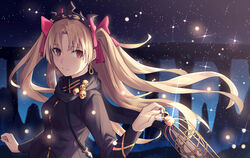  armlet arms_at_sides birdcage black_dress black_scarf blonde_hair bow breasts bridge cage closed_mouth commentary dress earrings ereshkigal_(fate) ereshkigal_(third_ascension)_(fate) fate/grand_order fate_(series) female floating_hair glint gold gold_trim hairbow highres holding holding_cage infinity_symbol jewelry layered_sleeves light_blush light_particles light_smile long_hair long_sleeves looking_at_viewer looking_to_the_side night night_sky outstretched_arms parted_bangs red_bow red_eyes scarf skull skull_ornament sky small_breasts solo sparkle split_mouth star_(sky) starry_sky symbol-only_commentary tiara two_side_up upper_body very_long_hair yangsan_(2991076090) 