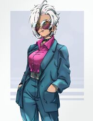  ahoge asymmetrical_hair blue_pants body_markings business_suit character_request collar collarbone earrings female glowing glowing_eyes gradient_background grey_background hands_in_pockets high_collar highres jewelry looking_at_viewer messy_hair oerba_yun_fang original pants pink_shirt polka_dot purple-tinted_eyewear ryuu_ga_gotoku sarulart shirt short_hair solo spiked_collar spikes stud_earrings suit sunglasses tan tinted_eyewear white_background white_hair yellow_eyes 