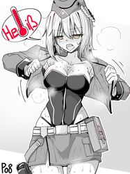  absurdres blank_eyes blush breasts brown_eyes character_name cleavage cropped_jacket female garrison_cap german_text girls&#039;_frontline gloves hat highres holster hot jacket leotard liquid-in-glass_thermometer medium_breasts minami_shin_(zenshuu_bougyo) monochrome open_clothes open_jacket open_mouth p08_(girls&#039;_frontline) short_hair simple_background skirt solo steam steaming_body straight-on sweat thermometer thigh_holster tongue tongue_out translated 