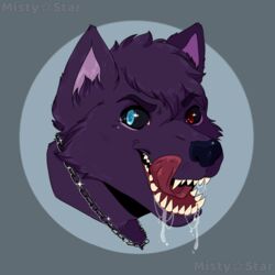  1:1 anthro black_sclera blue_eyes bodily_fluids canid canine canis chain_jewelry chain_necklace digital_media_(artwork) drooling fangs fur hair headshot_portrait heterochromia hi_res inner_ear_fluff jewelry looking_at_viewer male mammal mistystar necklace open_mouth portrait purple_body purple_fur purple_hair red_eyes saliva shaded simple_background smile solo teeth tongue tongue_out tuft wolf 