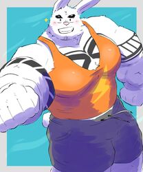  1boy animal_ears bara blush chest_tuft clenched_hand facial_hair goatee_stubble grin highres huge_pectorals ienjoybuff incoming_fist_bump looking_at_viewer male_focus midriff_peek muscular muscular_male orange_tank_top original pants pectoral_cleavage pectorals rabbit_boy rabbit_ears rabbit_tail short_hair short_shorts shorts smile solo sparkle stubble tail tank_top thick_eyebrows thick_thighs thighs track_pants white_fur 