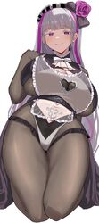  blunt_bangs bodystocking breasts closed_mouth curvy eternity_(last_origin) female hairband highres huge_breasts large_breasts last_origin lolita_hairband long_hair looking_at_viewer multicolored_hair narodenden purple_eyes seductive_smile simple_background smile solo streaked_hair thick_thighs thighs two-tone_hair white_background white_hair 