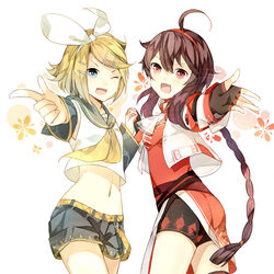  2girls :d ;d ahoge blonde_hair bow bow_hairband braid braided_ponytail breasts brown_hair dress godlailer grey_sailor_collar hairband highres holding_hands jacket kagamine_rin long_hair long_sleeves looking_at_viewer midriff multiple_girls navel neckerchief one_eye_closed open_hand outstretched_arm pointing pointing_at_viewer ponytail red_dress red_eyes red_hairband sailor_collar shirt short_hair shorts small_breasts smile thighs vocaloid vsinger white_background white_bow white_hairband white_jacket white_shirt yellow_neckerchief yuezheng_ling 