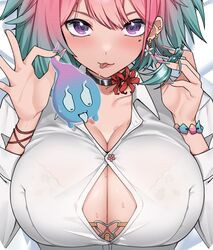  :p aqua_hair black_choker breasts button_gap choker cleavage collarbone collared_shirt earrings female fingernails flower_earrings ghost highres indie_virtual_youtuber jewelry large_breasts merulu_ilum mole mole_under_eye multicolored_hair pink_hair reiyu_guigui second-party_source sharp_fingernails shirt solo sweat tongue tongue_out two-tone_hair virtual_youtuber white_shirt 