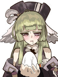  arknights bare_shoulders black_headwear black_vest blunt_bangs blush commentary drooling egg english_commentary feather_hair feathers female gloves green_hair hat_feather highres holding holding_egg id_card long_hair looking_at_viewer open_mouth poncirus_(arknights) purple_eyes simple_background solo suggestive_fluid sweat thiccborb uneven_eyes vest white_background white_feathers white_gloves wince 