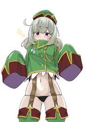  absurdres araga_kiwi ass_visible_through_thighs black_panties boots coat cowboy_shot double_bun empty_eyes female green_hair green_headwear green_sleeves groin hair_bun highres kaguyamaou leoparde_(mahou_shoujo_ni_akogarete) long_sleeves looking_at_viewer lowleg lowleg_panties mahou_shoujo_ni_akogarete midriff military_coat mole mole_under_eye navel no_pants panties puffy_long_sleeves puffy_sleeves simple_background solo stomach thigh_boots thighs underwear very_long_sleeves white_background 