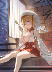  :t absurdres bare_shoulders blue_eyes breasts brown_hair closed_mouth commentary_request commission dango danzir detached_sleeves eating feet_out_of_frame female food hair_between_eyes hakama hakama_short_skirt hakama_skirt highres holding holding_food japanese_clothes long_sleeves looking_at_viewer medium_breasts nontraditional_miko original pixiv_commission red_hakama ribbon-trimmed_sleeves ribbon_trim sanshoku_dango sitting skirt solo wagashi white_headwear white_sleeves wide_sleeves 