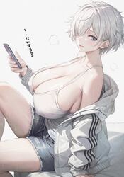  bare_shoulders bed_sheet black_eyes breasts camisole cleavage collarbone commentary_request denim denim_shorts female from_side grey_shorts hair_over_one_eye jacket knee_up kurono_mitsuki large_breasts long_sleeves looking_at_viewer no_bra off_shoulder on_bed open_clothes open_jacket open_mouth original parted_bangs plump puffy_long_sleeves puffy_sleeves short_hair shorts sideboob simple_background sitting sleeves_past_wrists solo strap_gap thick_thighs thighs tomboy_childhood_friend_(kurono_mitsuki) torn_clothes torn_shorts translated very_short_hair white_background white_camisole white_hair white_jacket 