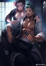  1boy abs artist_name black_hair breasts chinese_commentary closed_mouth commentary_request earrings female flower green_hair hair_flower hair_ornament holding holding_sword holding_weapon indoors jewelry katana looking_at_viewer nico_robin one_eye_closed one_piece open_clothes pink_flower realistic red_flower roronoa_zoro scar scar_across_eye scar_on_face short_hair single_earring sword teeth topknot weapon web_address weibo_logo weibo_watermark xixi_(xixihenlan_ing) 