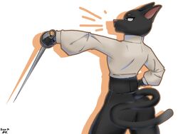  4:3 anthro black_body black_fur cat_tail challenge clothed clothing domestic_cat felid feline felis female fur hi_res mammal melee_weapon pose rapier rear_view rizal_ok simple_background solo sword tail thick_thighs weapon white_background 