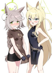  2girls absurdres animal_ears bike_shorts black_dress black_gloves black_shorts blonde_hair blue_archive blush braid breasts brown_dress commentary_request dragon_print dress feet_out_of_frame fox_ears gloves green_eyes green_halo grin halo highres kurumi_(blue_archive) light_brown_hair long_hair mochini multiple_girls open_mouth otogi_(blue_archive) short_sleeves shorts simple_background single_braid sleeveless sleeveless_dress small_breasts smile very_long_hair white_background 