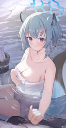  absurdres animal_ears blue_archive blue_halo blush breasts cleavage closed_mouth collarbone female green_hair halo highres large_breasts looking_at_viewer medium_hair naked_towel onsen partially_submerged purple_eyes scio_12 shigure_(blue_archive) shigure_(hot_spring)_(blue_archive) smile solo tail towel water weasel_ears weasel_tail white_towel 