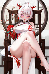  arknights armchair bare_legs bare_shoulders barefoot bead_bracelet beads blush bracelet branch breasts chair china_dress chinese_clothes colored_skin crossed_legs dragon_girl dragon_horns dragon_tail dress fan_to_mouth fangs feet female fiery_tail flame-tipped_tail floralmi folded_fan folding_fan foot_out_of_frame gradient_skin hand_fan highres holding holding_fan horns jewelry large_breasts legs looking_at_viewer medium_hair multicolored_hair nian_(arknights) nian_(unfettered_freedom)_(arknights) on_chair open_mouth pointy_ears purple_eyes red_hair red_horns red_skin sitting solo streaked_hair tail tongue tongue_out vase white_background white_hair white_tail 