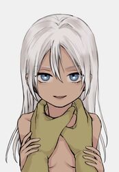  1boy blue_dragon blue_eyes breasts chamuel_zola completely_nude dark-skinned_female dark_skin female gloves guided_neck_grab highres logi_(blue_dragon) long_hair looking_at_viewer nude open_mouth pov simple_background smile white_background white_hair zola_(blue_dragon) 