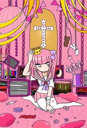  adjusting_clothes adjusting_headwear balloon black_eyes blunt_bangs bow chains chandelier closed_mouth condom condom_wrapper cross crown expressionless ezaki_bisuko female hairbow heart highres jitome menhera-chan_(ezaki_bisuko) menhera-chan_(ezaki_bisuko)_(character) no_shoes noose official_art pantyhose petals pill pink_hair pink_petals pink_sailor_collar pink_skirt pink_theme pleated_skirt purple_bow sailor_collar school_uniform serafuku short_twintails skirt solo static stuffed_animal stuffed_rabbit stuffed_toy syringe teddy_bear television twintails white_pantyhose white_serafuku yami_kawaii 