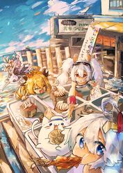  4girls absurdres alternate_costume animal_ears arms_up azur_lane beach blonde_hair blue_eyes closed_eyes crab_on_head day drill_hair eating eyewear_on_head fake_animal_ears hair_ornament hairpin highres laffey_(azur_lane) meowfficer_(azur_lane) multiple_girls oerba_yun_fang open_mouth outdoors prototype_bulin_mkii_(azur_lane) purple_hair rabbit_ears red_eyes seashell shell skin_fang specialized_bulin_mkiii_(azur_lane) summer suwapurin twin_drills twintails universal_bulin_(azur_lane) white_hair 