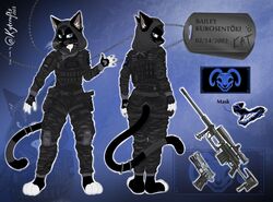  accessory anthro bailey_kurosentoki black_body black_fur black_hair blue_background blue_eyes c.a.m. cat_tail claws clothed clothing color_fur colt_m1911 digital_media_(artwork) domestic_cat english_text f.e.w. feet felid feline felis female fur furgonomics gloves gun hair handgun handwear hi_res japanese kytcrafts looking_at_viewer m1911 m2000_intervention mammal mask military military_uniform noh_mask oni_mask pawpads paws pistol prototype_9 ranged_weapon rifle simple_background sniper sniper_rifle solo spec_ops special_forces standing tactical_gear tail tail_accessory text toes tuxedo_cat uniform weapon whiskers white_body white_fur wicker wickerbeast_mask widescreen 