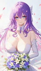  absurdres bare_shoulders blue_background blue_eyes blue_flower bouquet bow breasts bridal_veil bride cleavage closed_mouth commentary_request dress elbow_gloves eoe falling_petals female floralmi flower gloves hairbow highres holding holding_bouquet large_breasts long_hair looking_at_viewer mole mole_under_eye petals pink_lips purple_hair skindentation smile solo strapless strapless_dress upper_body veil virtual_youtuber wedding_dress white_bow white_dress white_flower white_gloves white_veil yumo_(eoe) 