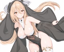  azur_lane between_breasts blonde_hair breast_cutout breasts cleavage commentary cowboy_shot fake_horns female habit hair_between_eyes horns implacable_(azur_lane) large_breasts leaning_forward long_sleeves looking_at_viewer nun orange_eyes pelvic_curtain revealing_clothes sa_(nax49) simple_background solo thighhighs white_background white_horns white_thighhighs wide_sleeves 