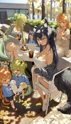  6+girls :d absurdres animal animal_ear_fluff animal_ears autumn black_hair bodiedwile bread bread_slice breasts camisole canine character_request claw_hair_clip cleavage closed_mouth commentary copyright_request crossed_legs cup dappled_sunlight disposable_cup dongtan_dress dragon_girl dragon_horns dragon_tail dress drink eastern_dragon_tail food ginkgo_leaf green_eyes green_hair hair_between_eyes hair_bun high_heels highres holding holding_animal holding_cup holding_dog holding_stick horns kindergarten_uniform korean_commentary large_breasts leaf lolicon long_hair looking_at_another looking_at_phone meme_attire mother_and_daughter multiple_girls open_mouth orange_eyes orange_hair outdoors phone pointy_ears raccoon_ears raccoon_girl raccoon_tail side_slit sitting smile spaghetti_strap standing stick sunlight table tail toast tree_shade very_long_hair white_dress white_footwear wooden_floor yellow_eyes 