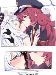  2girls absurdres armband black_headwear blue_archive blush commentary demon_girl demon_horns gehenna_academy_logo gen_(unzzenasd) grey_eyes hair_between_eyes halo hat heart highres hina_(blue_archive) horns iroha_(blue_archive) jacket kissing long_hair long_sleeves loose_necktie military_hat military_jacket multiple_girls multiple_horns necktie parted_bangs peaked_cap purple_eyes purple_halo red_armband red_hair red_necktie saliva saliva_trail shirt simple_background spoken_heart to_be_continued tongue tongue_out very_long_hair wavy_hair white_hair yuri 