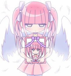  angel angel_wings blunt_bangs blush closed_mouth collar ezaki_bisuko feathered_wings feathers female ghost hair_ribbon hexagram highres holding holding_photo iei implied_death jewelry jitome looking_at_viewer menhera-chan_(ezaki_bisuko) menhera-chan_(ezaki_bisuko)_(character) necklace official_art pantyhose photo_(object) picture_frame pink_hair pink_sailor_collar pleated_skirt purple_collar purple_eyes ribbon sad sailor_collar school_uniform serafuku short_hair sidelocks simple_background skirt solo star_of_david transparent_limb twintails wavy_eyes white_background white_feathers white_pantyhose white_serafuku wings 