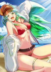  arm_over_shoulder arm_up armpit_crease armpit_peek armpits bare_shoulders beach belt bikini blue_hair blue_sky blush breasts brown_belt cloud cloudy_sky coconut_tree collarbone day fate/grand_order fate_(series) female green_eyes green_hair groin hip_bones inugami86 jacket jacket_over_swimsuit jacket_partially_removed kukulkan_(fate) kukulkan_(second_ascension)_(fate) long_hair looking_at_viewer loose_belt medium_breasts multicolored_hair navel ocean off_shoulder open_clothes open_jacket open_mouth outstretched_arm palm_tree red_bikini sand shade sideboob sidelocks sitting sky smile solo stomach string_bikini sunlight swimsuit teeth thigh_strap thighs tongue tree upper_teeth_only visor_cap wariza 