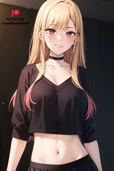  1girl1boy 1girls ai_generated big_breasts black_sweater blonde_female blonde_hair blonde_hair_female blush blush_lines blushing_at_viewer breasts breasts_out choker cleavage female kitagawa_marin lewdcreationsai looking_at_viewer navel navel_fetish nipples red_eyes skirt smile solo solo_female solo_focus sono_bisque_doll_wa_koi_wo_suru stable_diffusion 