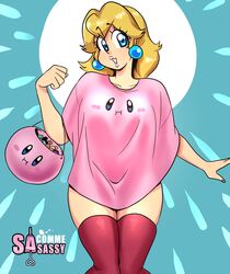  1girls big_breasts blue_background breasts clothing crossover earrings female female_only halloween halloween_basket halloween_costume jewelry kirby kirby_(series) kirby_poncho kirby_t-shirt long_hair mario_(series) nintendo poncho princess_peach sasatseng simple_background skindentation solo standing thick_thighs thighhighs thighs watermark 