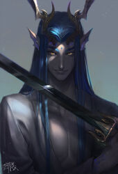  1boy bare_pectorals blue_hair commentary_request fan_ju forehead_jewel grin highres horns journey_to_the_west long_hair male_focus monkey_king:_hero_is_back oerba_yun_fang pectorals pointy_ears shade signature slit_pupils smile solo sword upper_body weapon yellow_eyes yulong_(journey_to_the_west) 