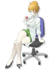  aurea_juniper breasts chair cleavage commentary_request crossed_legs earrings female green_eyes high_heels holding holding_poke_ball jewelry lab_coat large_breasts legs masudaanago office_chair orange_hair poke_ball poke_ball_(basic) pokemon pokemon_bw scientist shoes simple_background sitting skirt solo swivel_chair white_background 